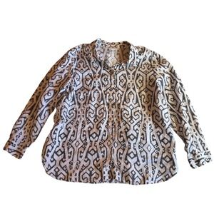 J. Jill Love Linen 100% Linen Button Up,‎ White Black Print, Size L Petite